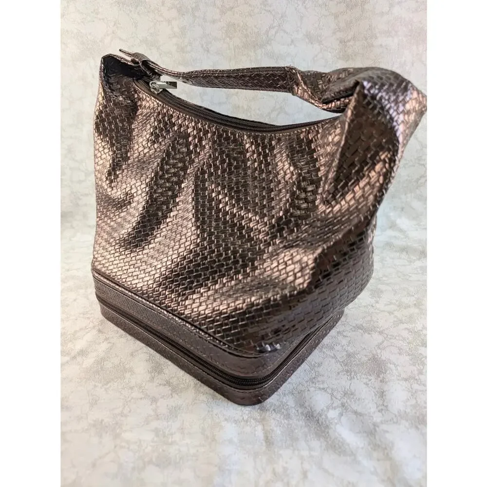 Ulta Beauty Brown Woven Look Makeup Bag Train Case 2-Tier Cosmetic Organizer